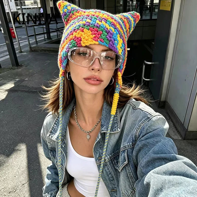 Handmade Cat Ear Crochet Beanie – Colorful Warm Hat